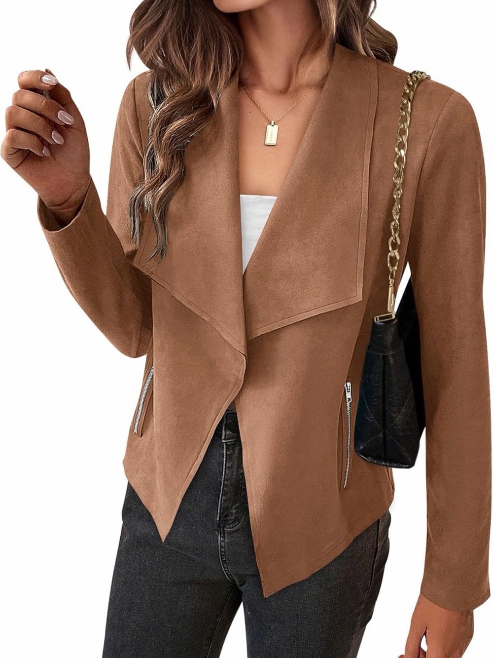 Camel Open-Front Faux Suede Jacket